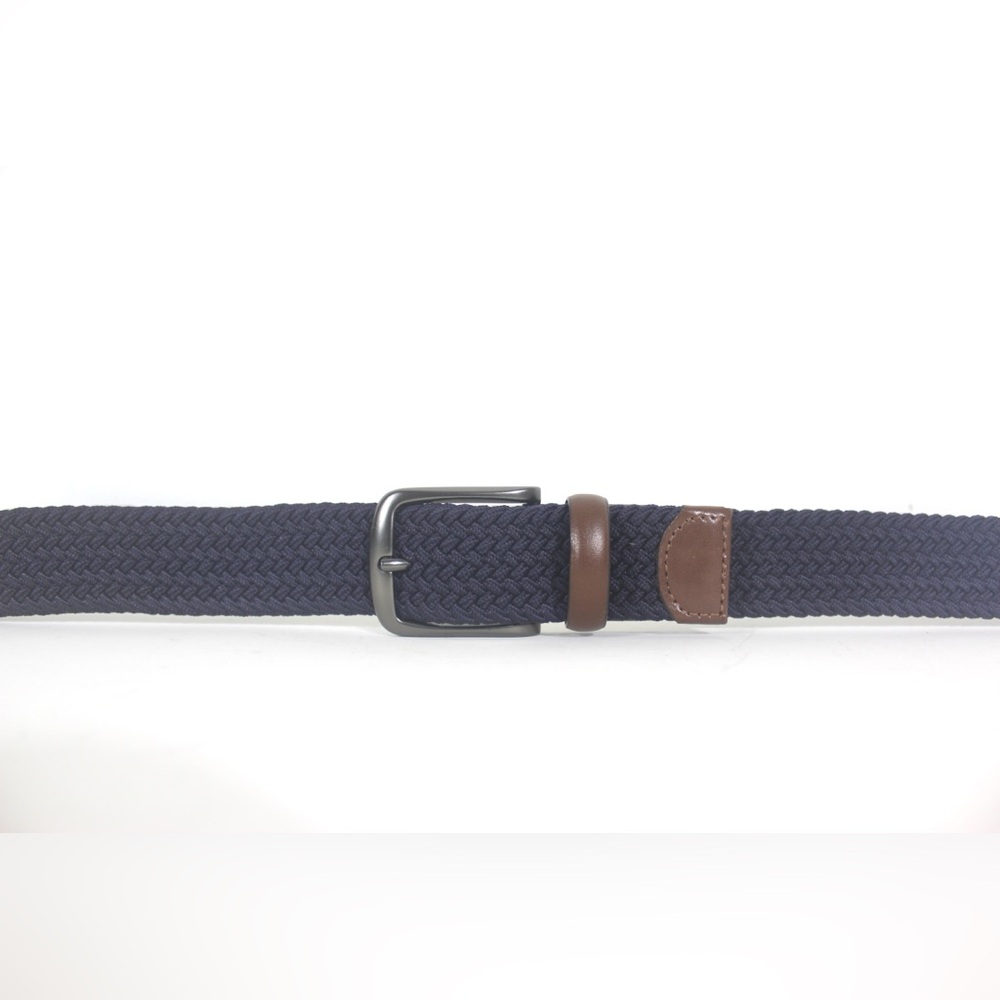 Dark Blue Stretch Belt with Dark Brown Leather Silver Buckle, Leather Detail